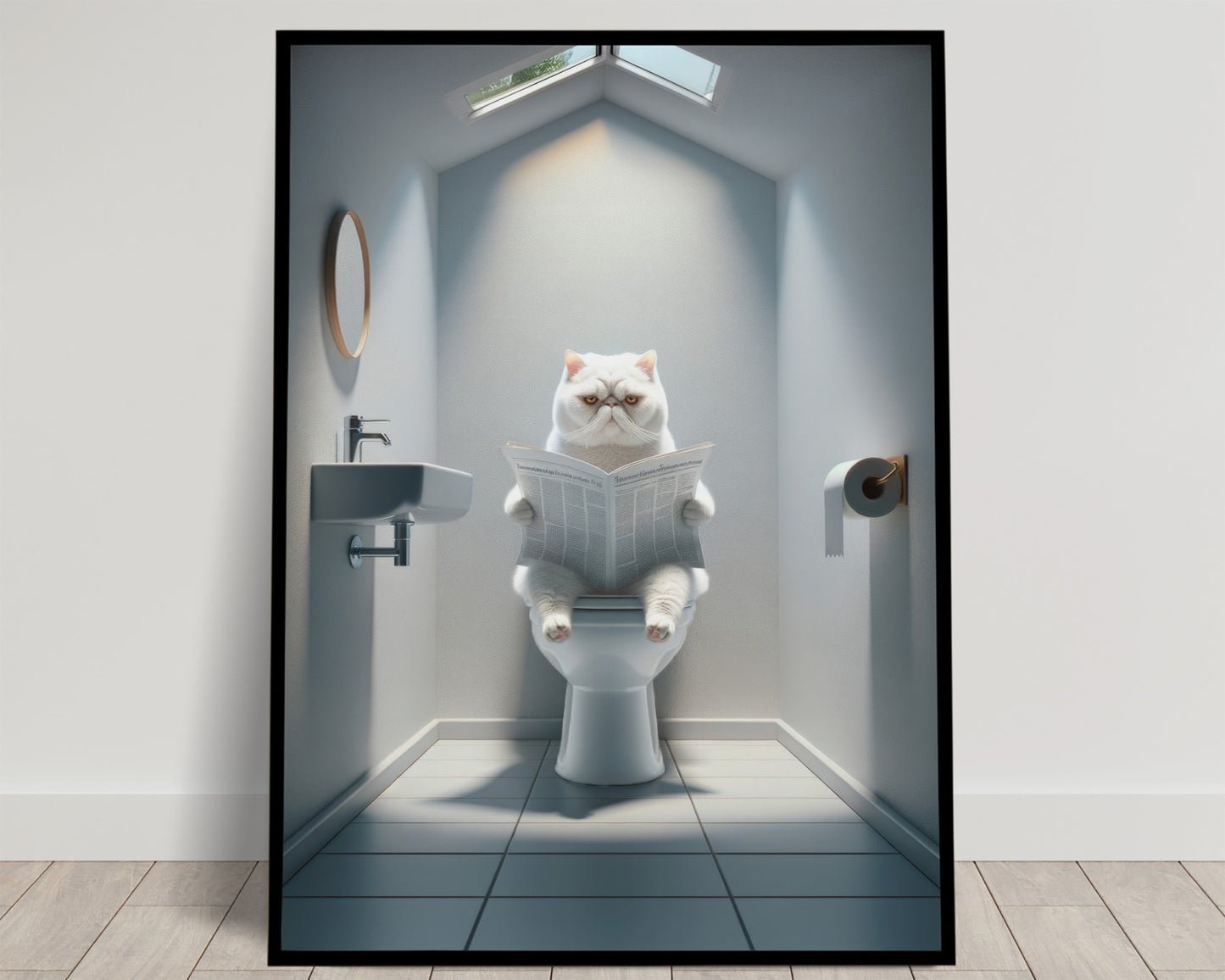 Affiche Murale Humour: Chat Exotic Shorthair Blanc Lisant Toilettes - Déco WC & Salle de Bain - Cadeau Fun Chat