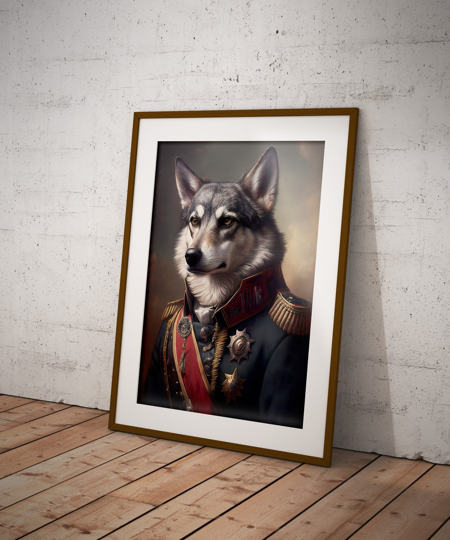 Gray Wolf in Military Uniform Poster – Unique Animal Wall Art, Premium Wolf Wall Decoration