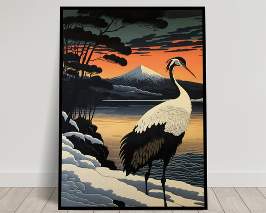Japanese Crane Poster at Sunset – Japanese Art Style Poster, Asian Wall Decoration for Home or Office