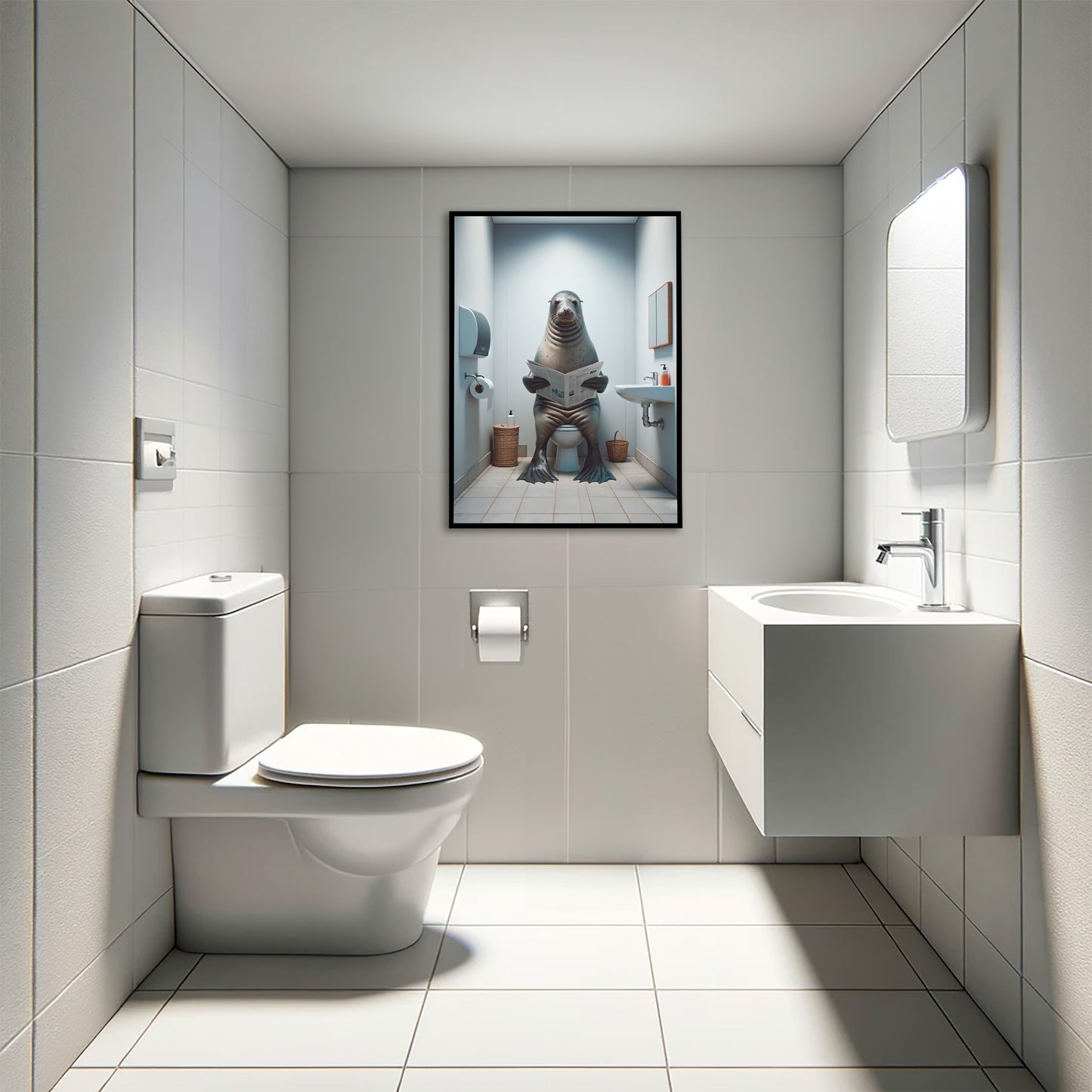 Funny Bathroom Wall Art Poster - Seal Reading Newspaper on Toilet | Unique WC Decor | Humorous Gift Idea