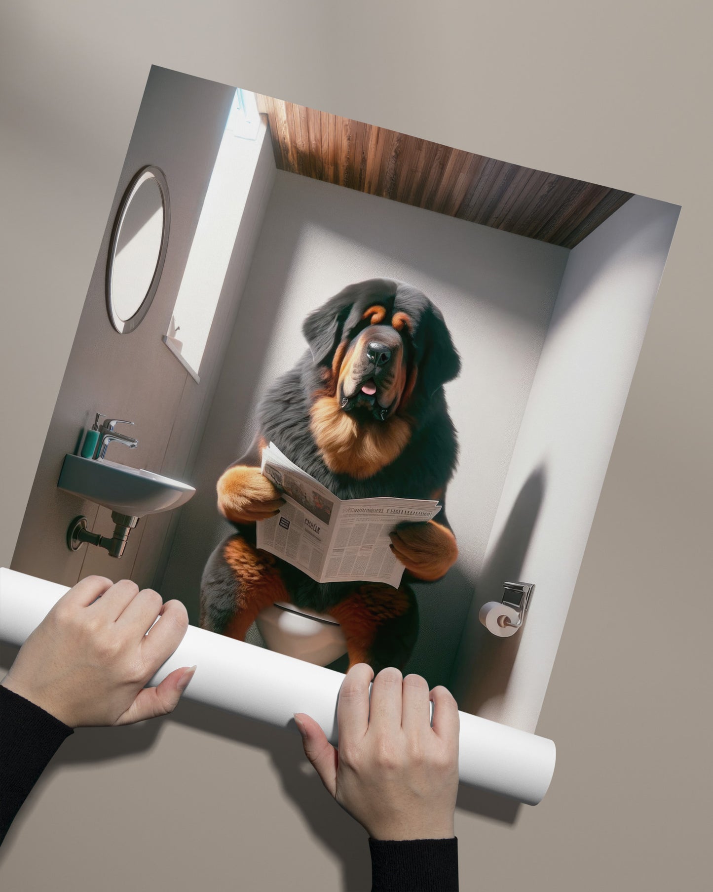 "Tibetan Mastiff Dog Reading Newspaper Poster - Funny Bathroom Wall Art, Toilet Decor, Gag Gift"
