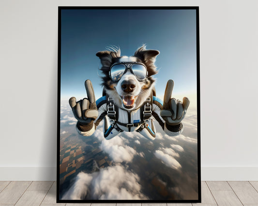 Skydiving Border Collie Poster - Epic Animal Print, Extreme Sport Decor, Unique Dog Lover Wall Art Gift
