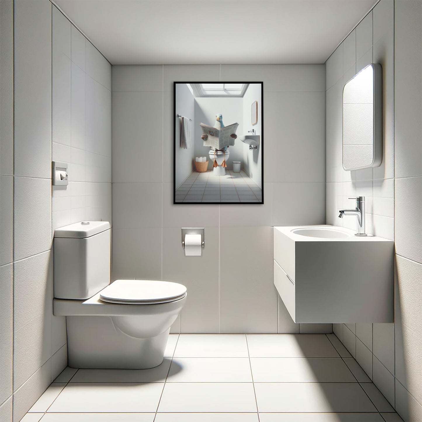 Poster Humour : Mouette lisant le journal aux toilettes - Décoration WC, Salle de Bain, Cadeau Original et Fun