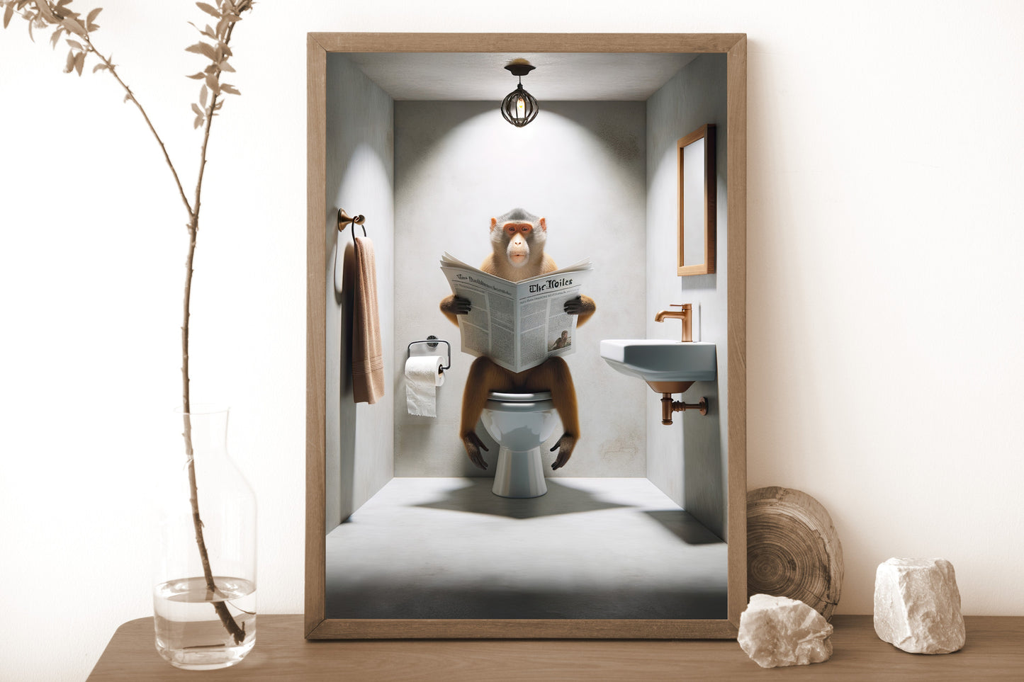 Poster Singe lisant le journal sur WC, Décoration Murale Humour, Cadre Salle de Bain, Affiche Toilettes, Idée Cadeau Amusante