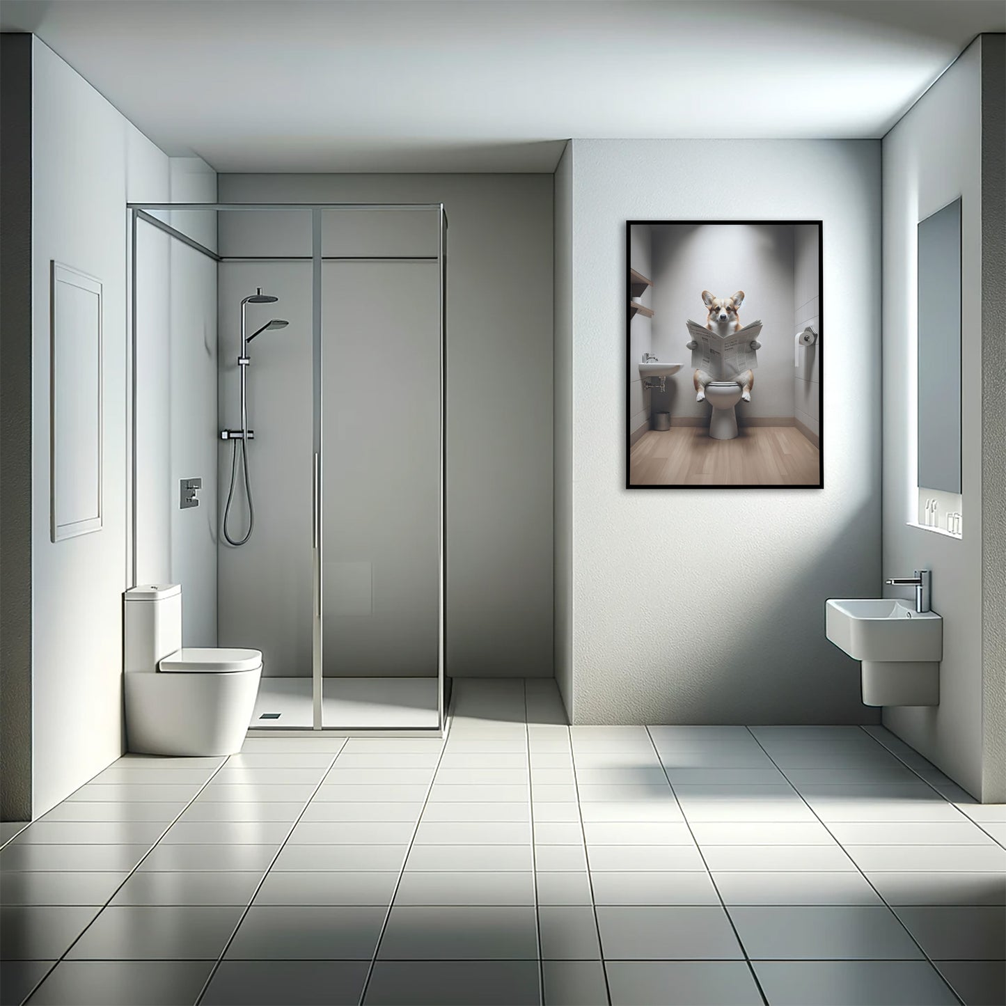 Funny Corgi Reading Newspaper Poster - Unique Bathroom Wall Art Decor - Humorous WC Toilet Gift
