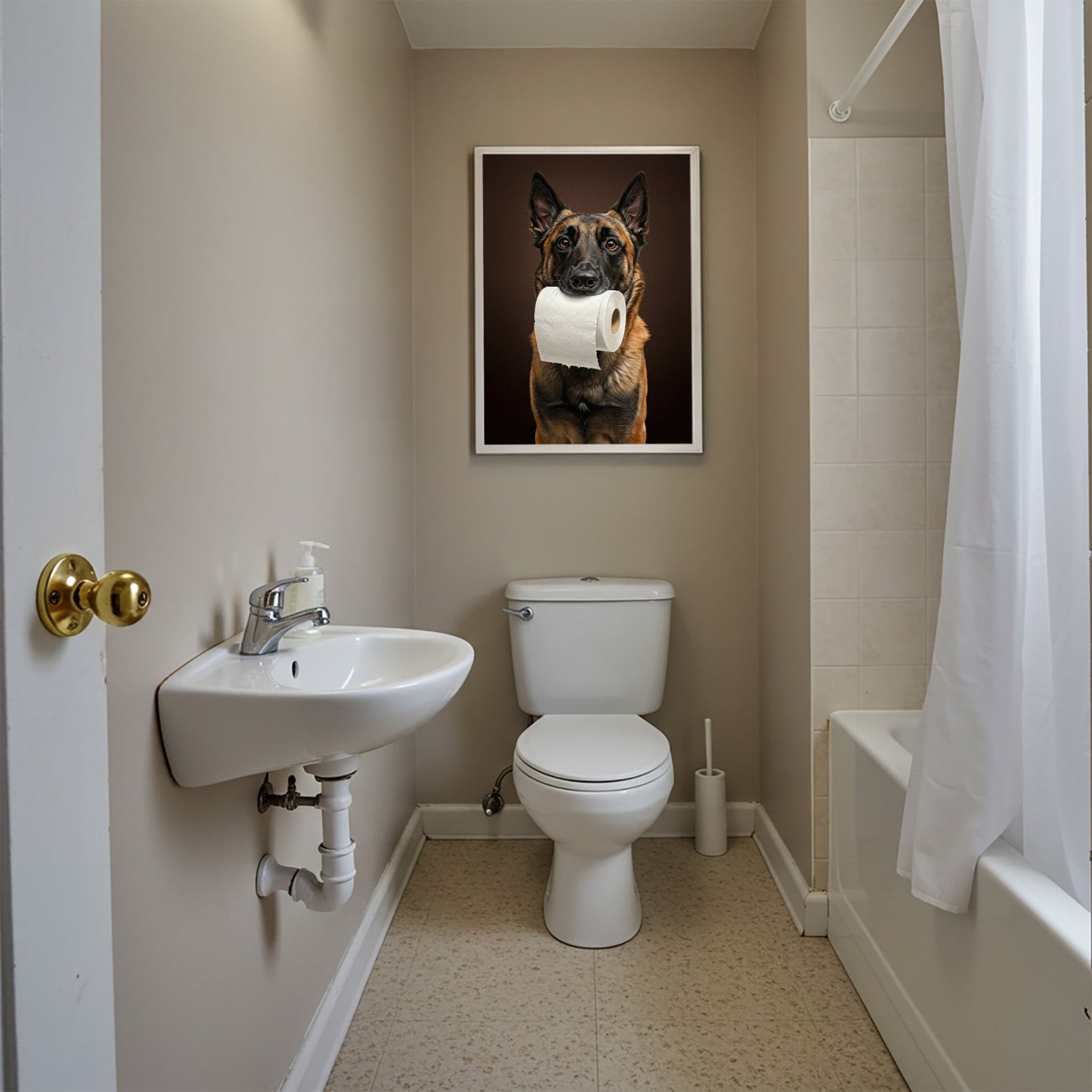 Malinois mordant un rouleau de papier toilette, Humour Toilettes, Poster WC, Cadeau Malinois, Affiche encadrée, Poster chien