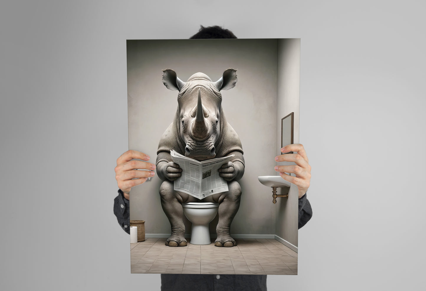 Poster d'un Rhinocéros lisant le journal sur les toilettes, Humour WC, Déco Salle de Bain, Art Mural Fun, Cadeau Original