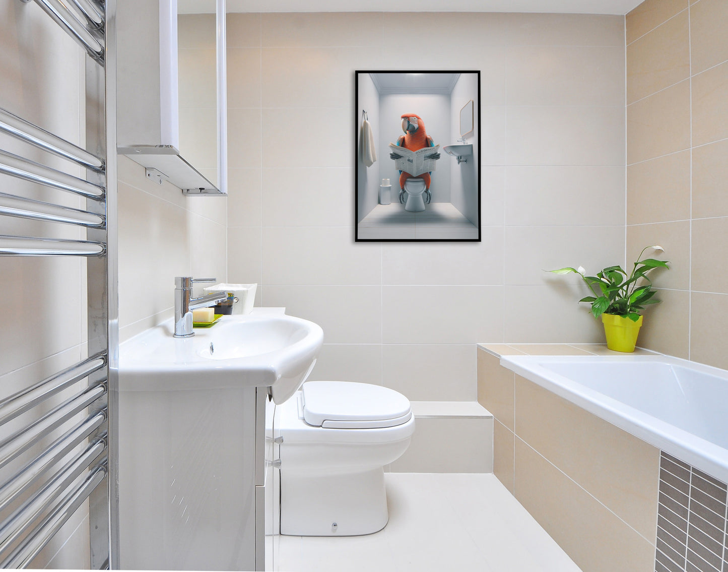 Poster Humoristique Perroquet Lisant aux Toilettes, Décoration Murale Amusante WC, Cadeau Original, Affiche Salle de Bain