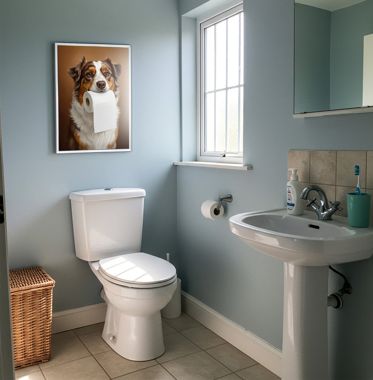 Berger australien mordant un rouleau de papier toilette, Humour Toilettes, WC, Cadeau Berger australien, Affiche encadrée, Poster chien