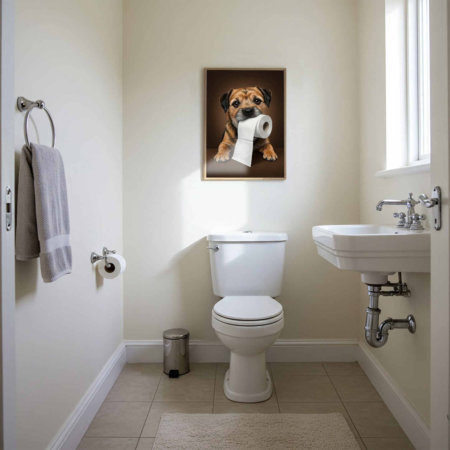 Border Terrier with toilet paper roll in mouth, Toilet Humor, Border Terrier Gifts, Bathroom Print, Dog Lover Gift, WC Art, Framed Print