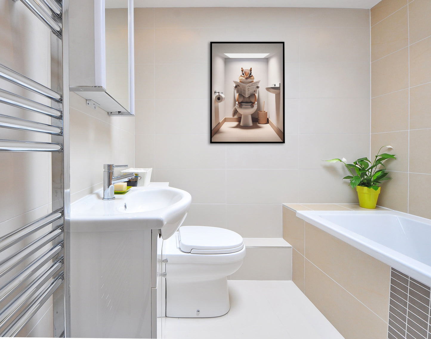 Poster humour : Écureuil lisant le journal, Décoration WC, Cadre déco salle de bain, Art mural drôle, Cadeau original Toilettes