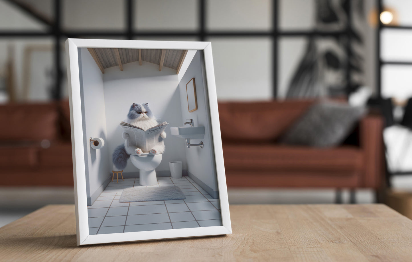 Affiche murale Chat Persan Bleu et Blanc, Lecture Humour Toilettes, Décor WC & Salle de bain, Cadeau Original.