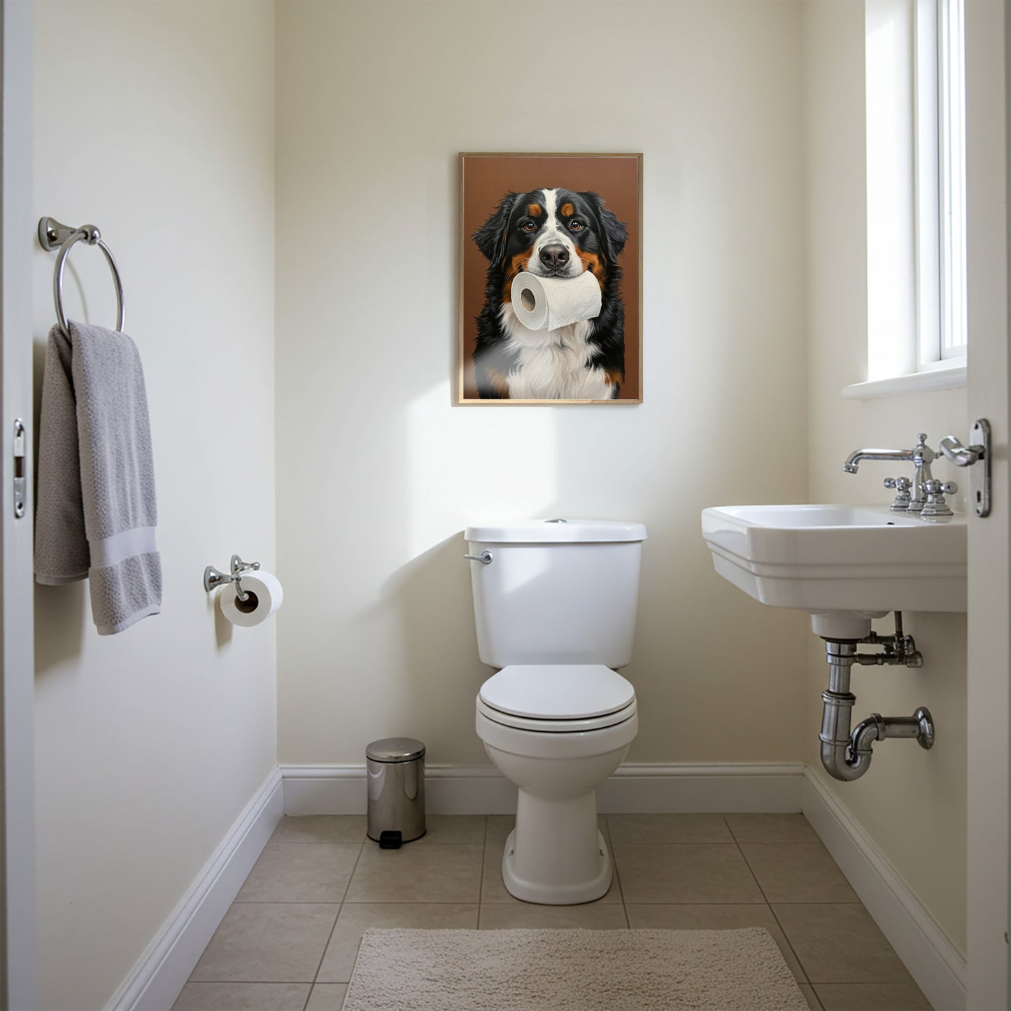 Bernese Mountain Dog with toilet paper roll in mouth, Toilet Humor, Bernese Gifts, Bathroom Print, Dog Lover Gift, WC Wall Art, Framed Print