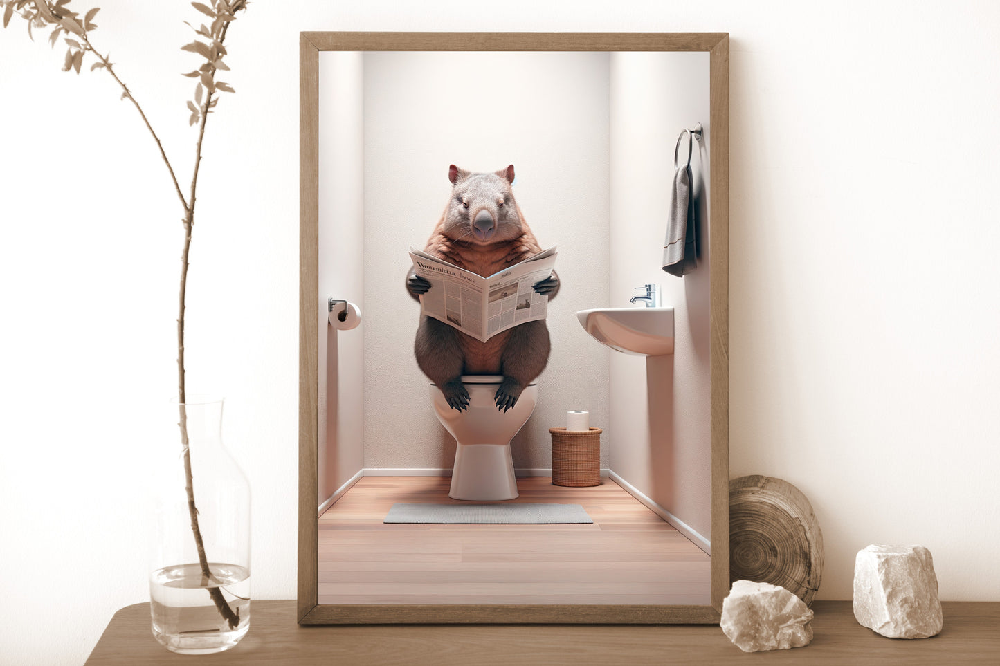 Wombat Reading Newspaper Toilet Poster - Unique Funny Bathroom Wall Art & Gag Gift Decor for WC