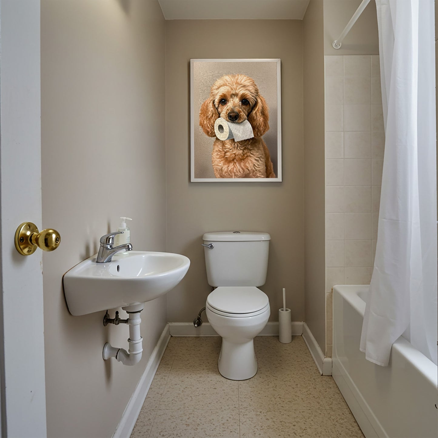Poodle with toilet paper roll in mouth, Toilet Humor, Cream Poodle Gifts, Bathroom Print, Dog Lover Gift, WC Wall Art, Framed Print