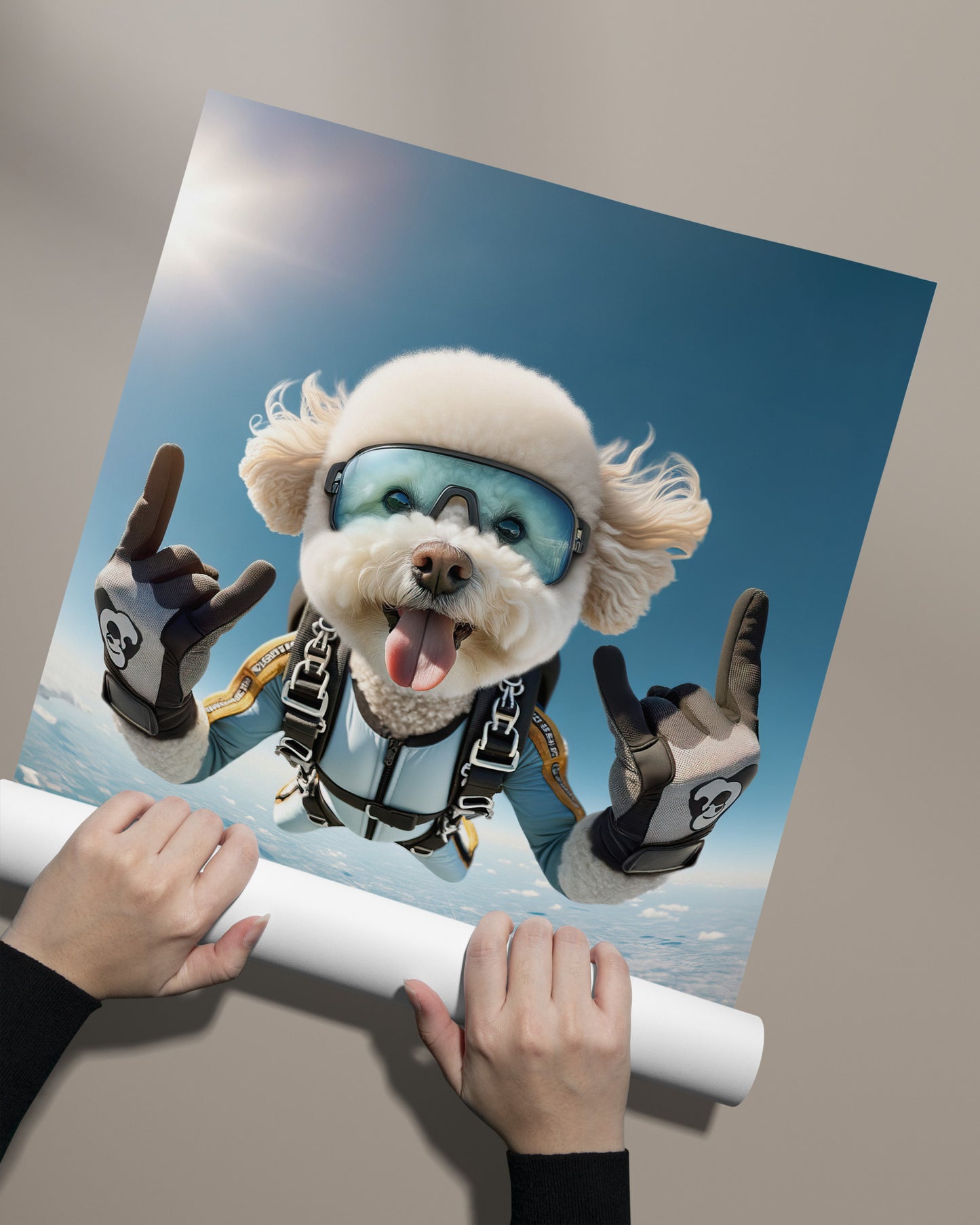 Epic Skydiving Bichon Frise Poster - Unique Animal Wall Art for Dog Lovers & Extreme Sports Decor