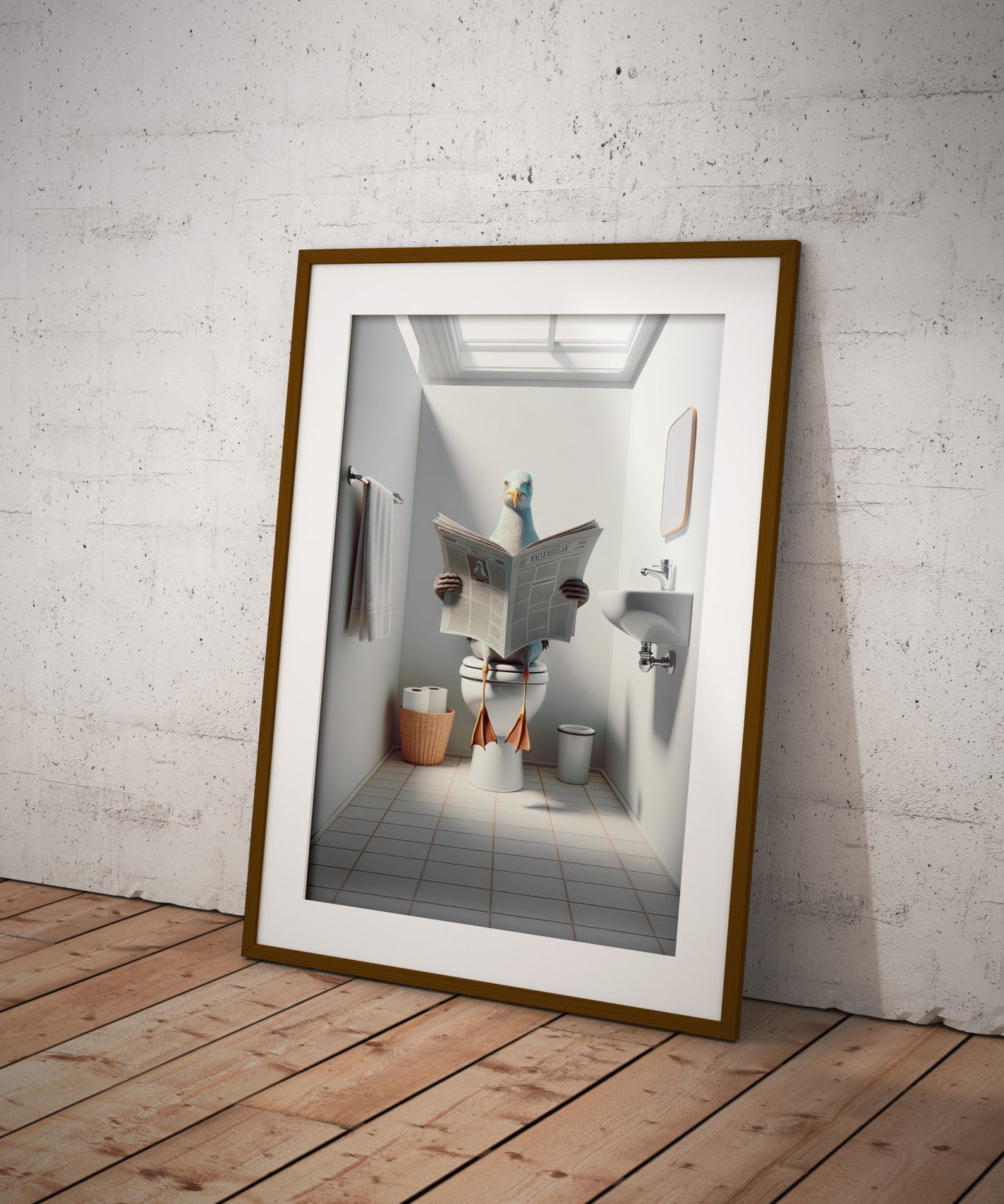 Poster Humour : Mouette lisant le journal aux toilettes - Décoration WC, Salle de Bain, Cadeau Original et Fun