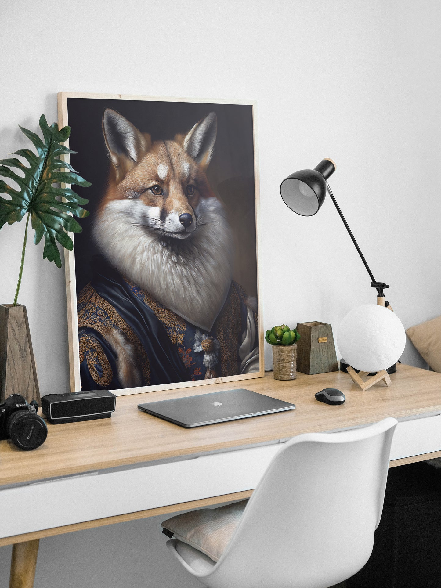 Baroque Style Noble Fox Portrait Poster, Animal Wall Art Decoration, Silver Fox Artwork