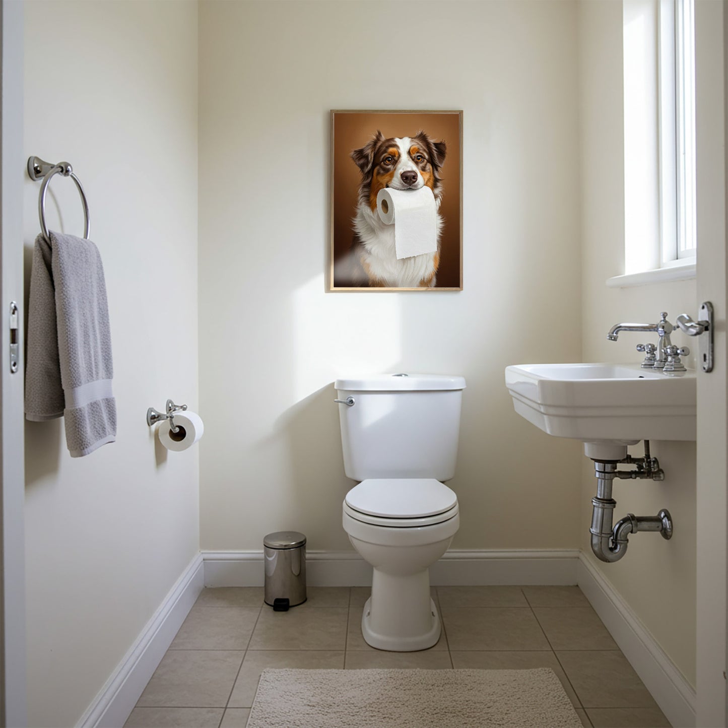 Berger australien mordant un rouleau de papier toilette, Humour Toilettes, WC, Cadeau Berger australien, Affiche encadrée, Poster chien