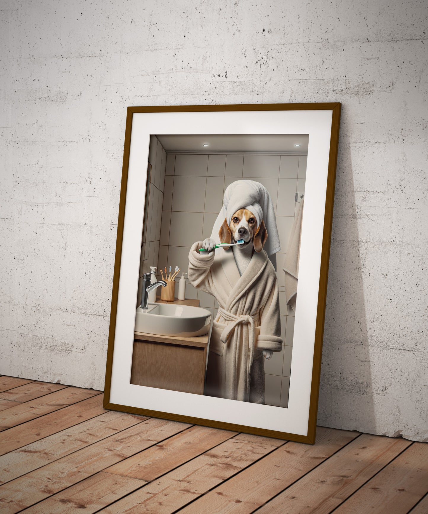 Portrait of a Beagle Brushing Teeth in Bathrobe – Funny Dog Bathroom Decor, Cute Poster, Beagle Print, Beagle Gift, Framed art