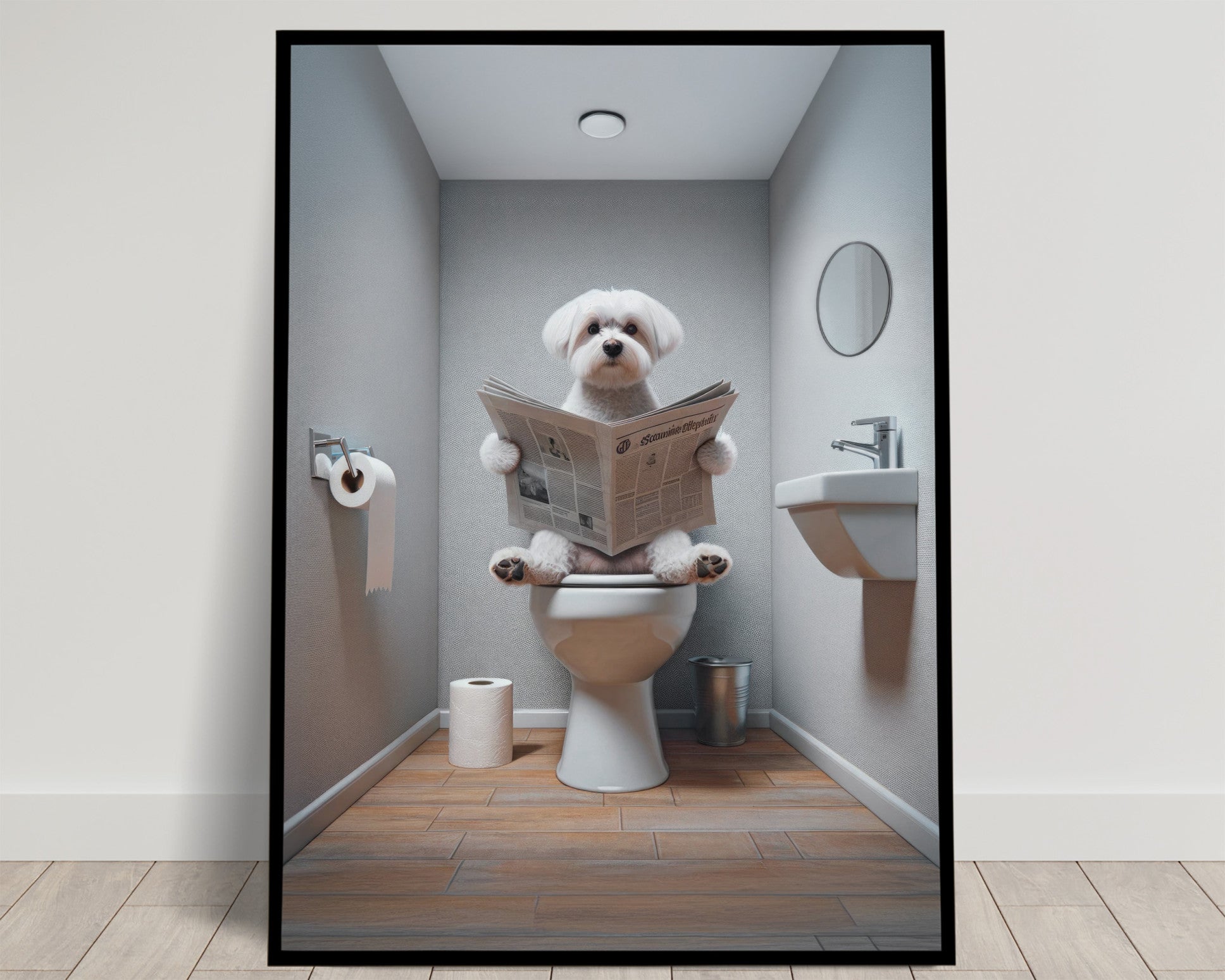 Poster Humour Bichon Maltais lisant le journal, Décoration WC, Salle de bain, Cadeau Amusant, Art Mural