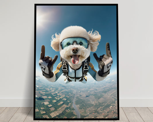 Epic Skydiving Bichon Frise Poster - Unique Animal Wall Art for Dog Lovers & Extreme Sports Decor