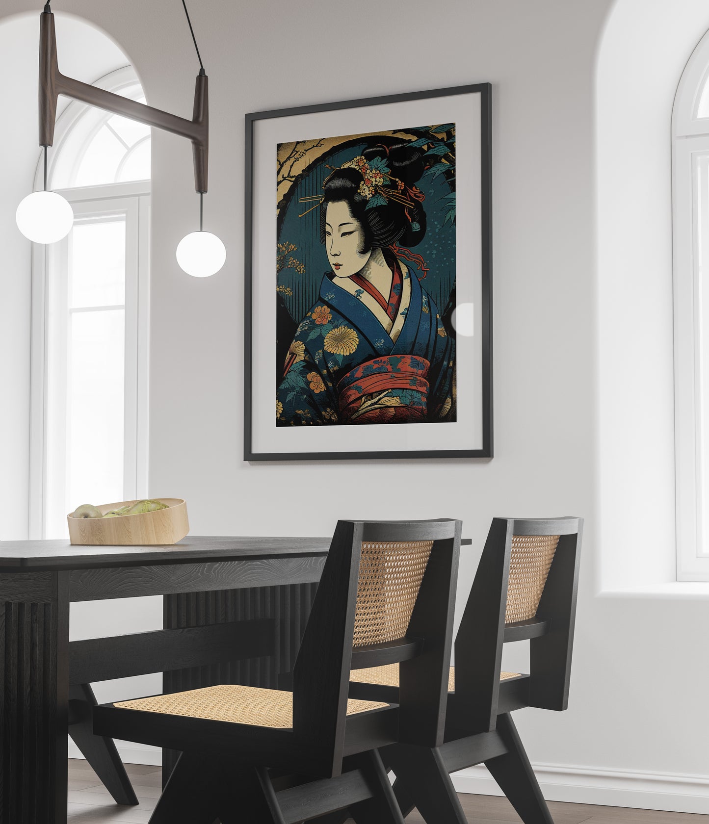Elegant Japanese Geisha Poster in Blue Kimono - Traditional Art Style for Sophisticated Home Decor