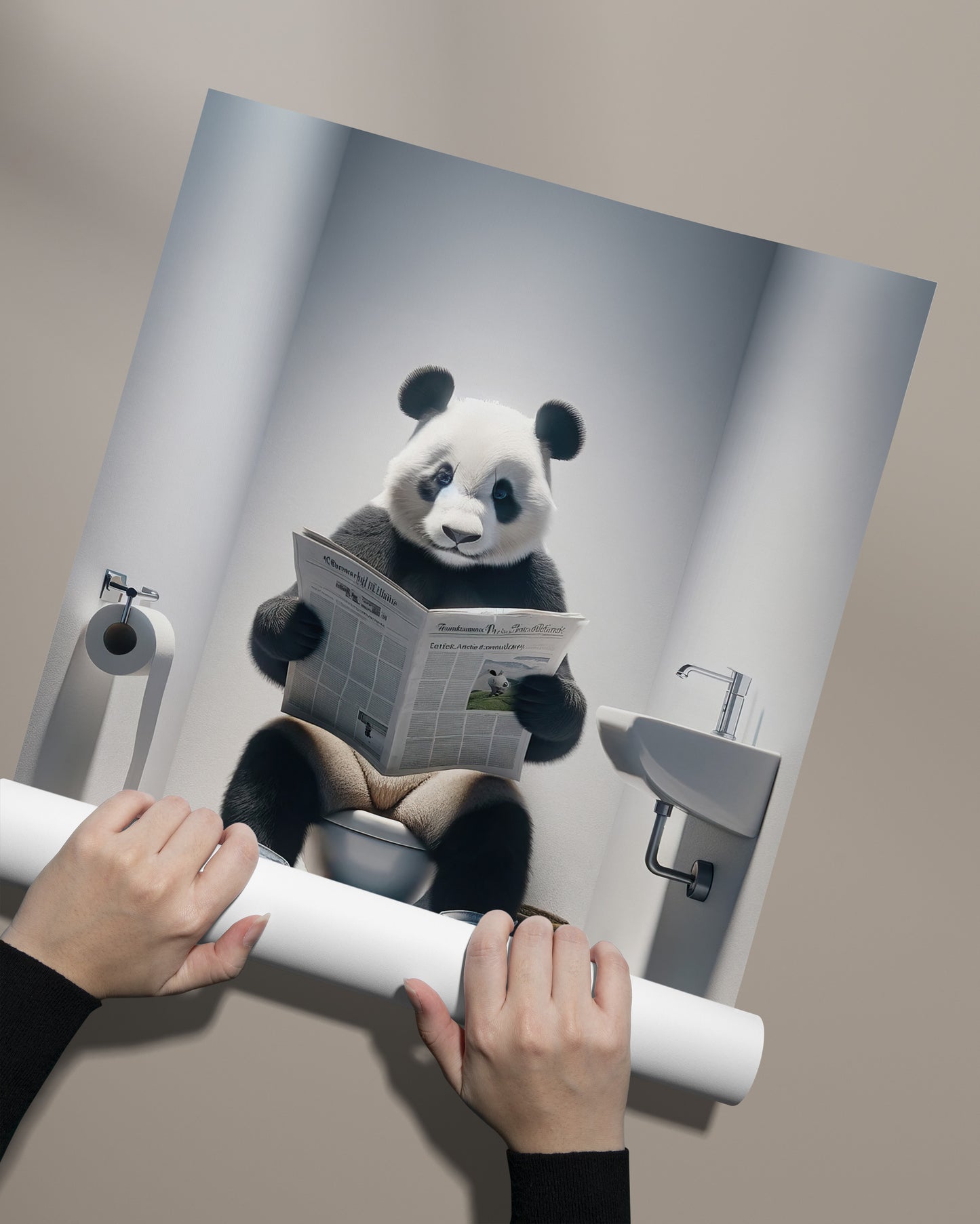 Panda Reading Newspaper Toilet Poster - Funny Bathroom Wall Art - Unique Gift Idea