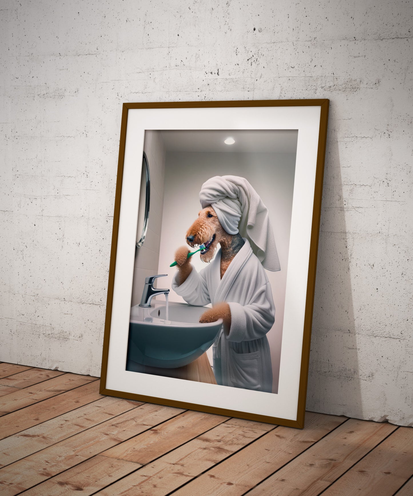 Portrait of a Airedale Terrier Brushing Teeth in Bathrobe – Funny Dog Bathroom Decor, Airedale Terrier Print, Airedale Gift, Framed poster