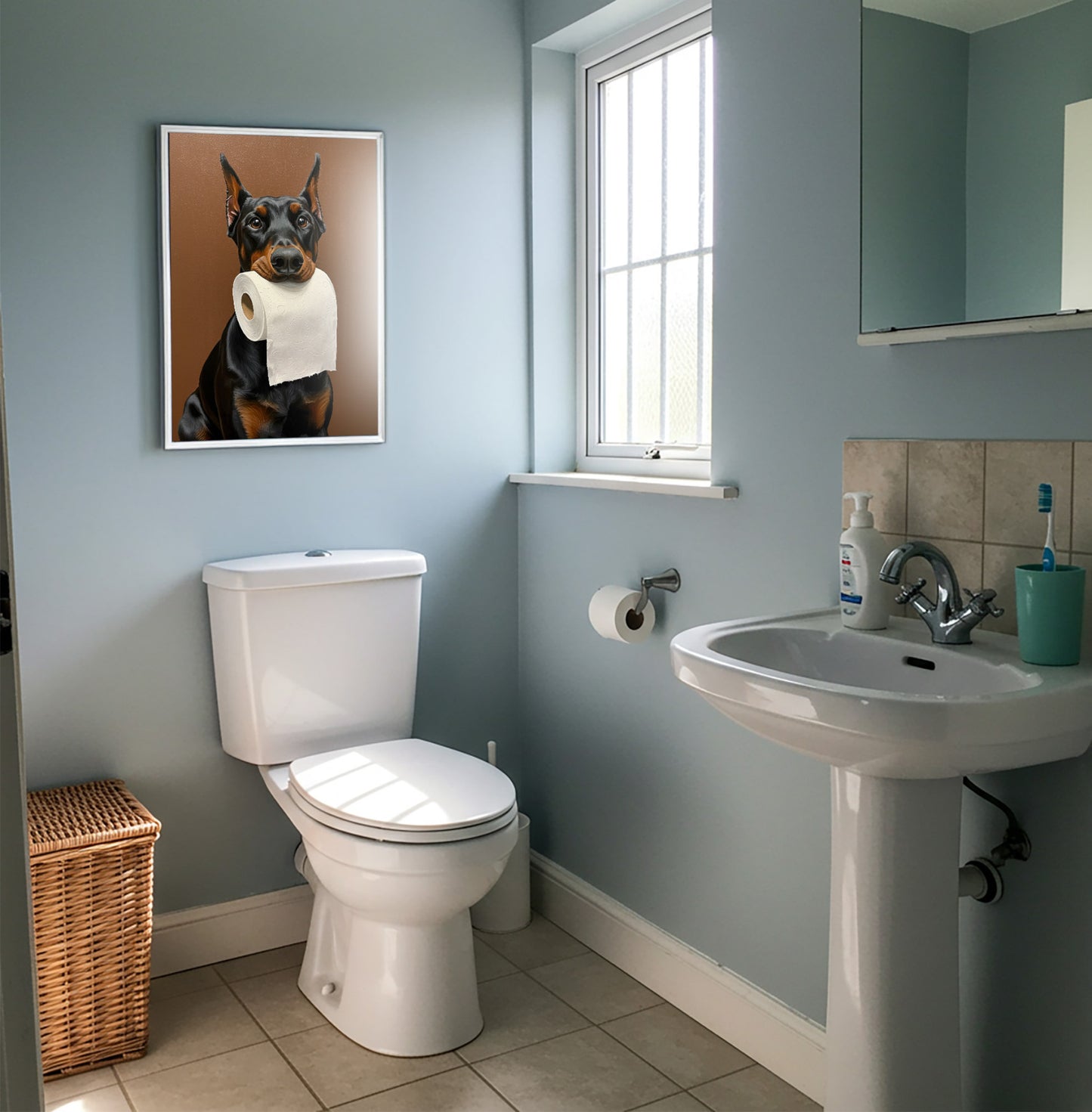 Dobermann Pinscher mordant un rouleau de papier toilette, Humour Toilettes, Poster WC, Cadeau Dobermann, Affiche encadrée, Poster chien
