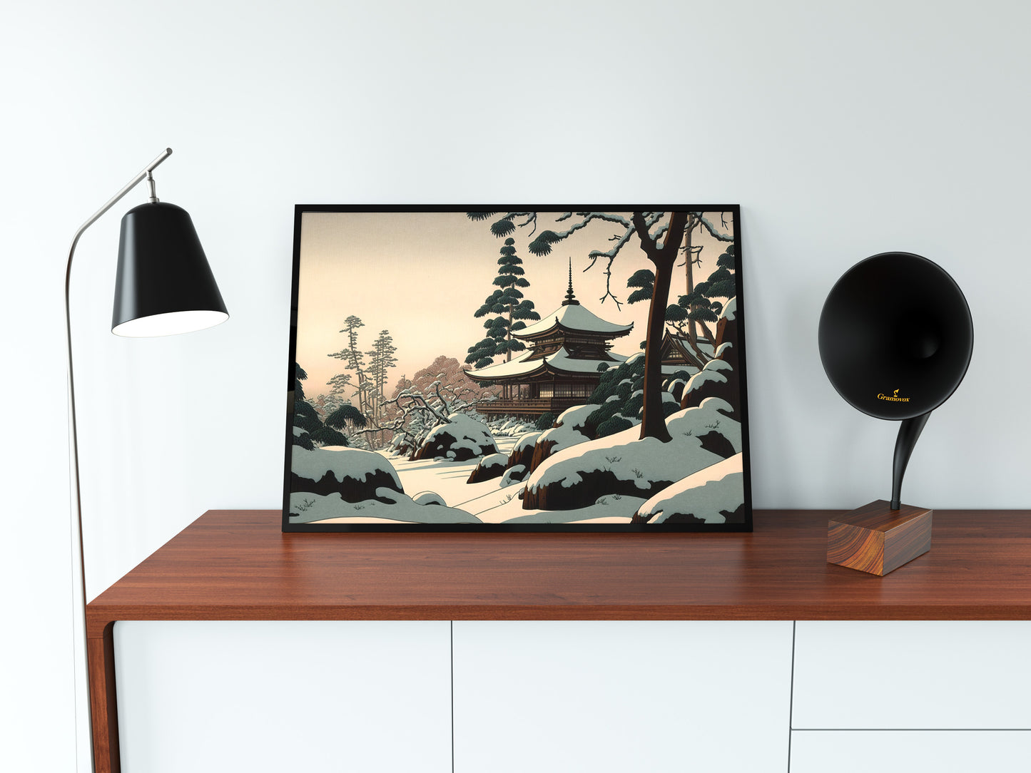 Poster Temple Japonais sous la Neige, Décoration Murale, Illustration Art Japonais, Paysage Montagne à Encadrer