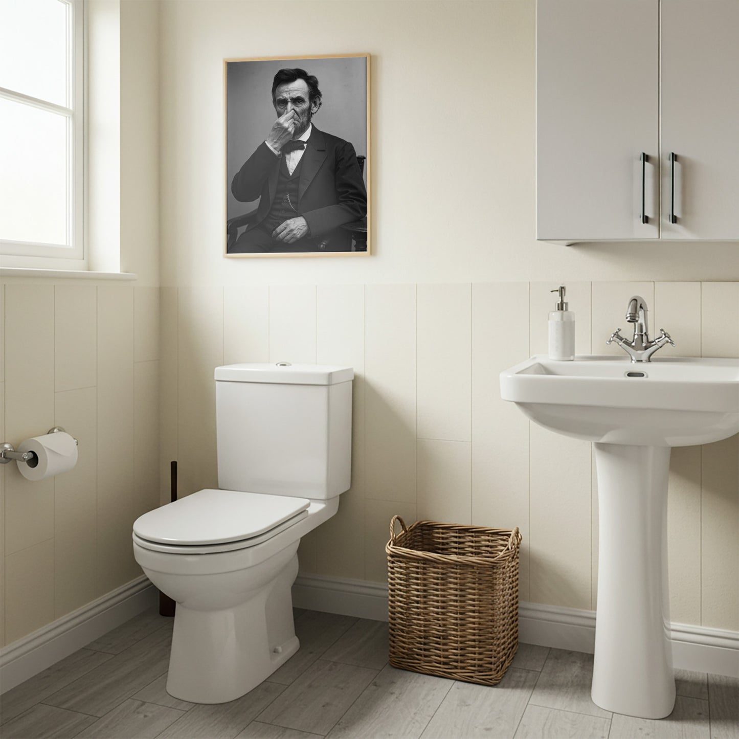 Funny Abraham Lincoln Bathroom Poster – Quirky Toilet Humor Wall Art, President Parody, Framed Restroom Decor, Unique Gag Gift