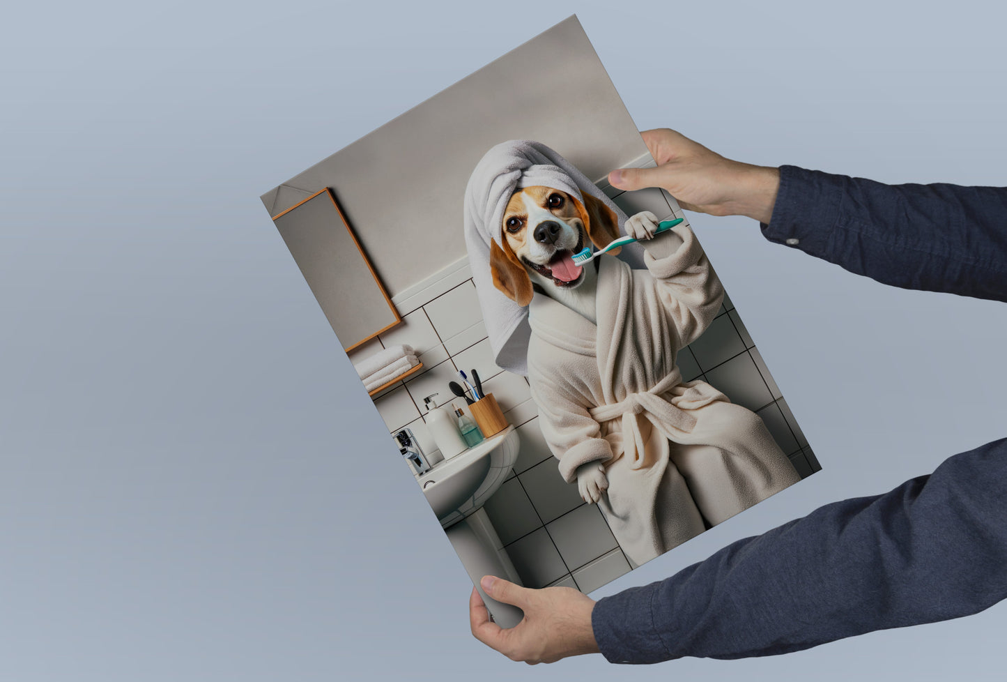 Portrait of a Beagle Brushing Teeth in Bathrobe – Funny Dog Bathroom Decor, Cute Poster, Beagle Prints, Beagle Gifts, Framed art