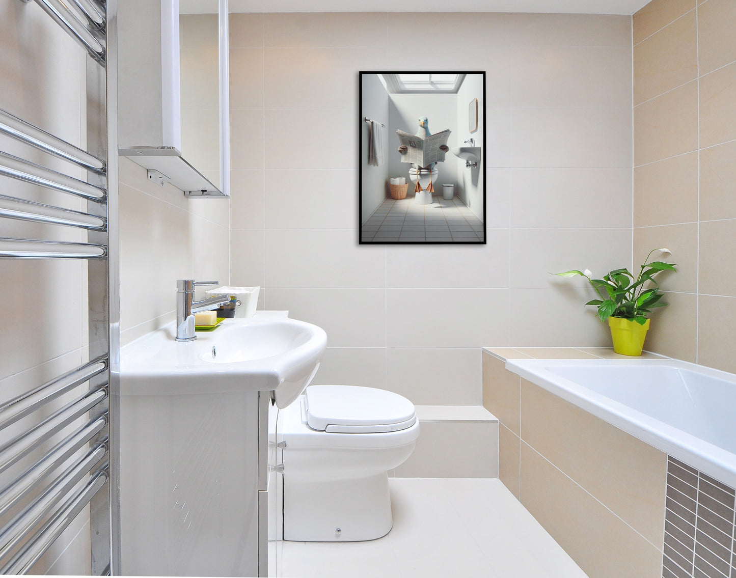Poster Humour : Mouette lisant le journal aux toilettes - Décoration WC, Salle de Bain, Cadeau Original et Fun