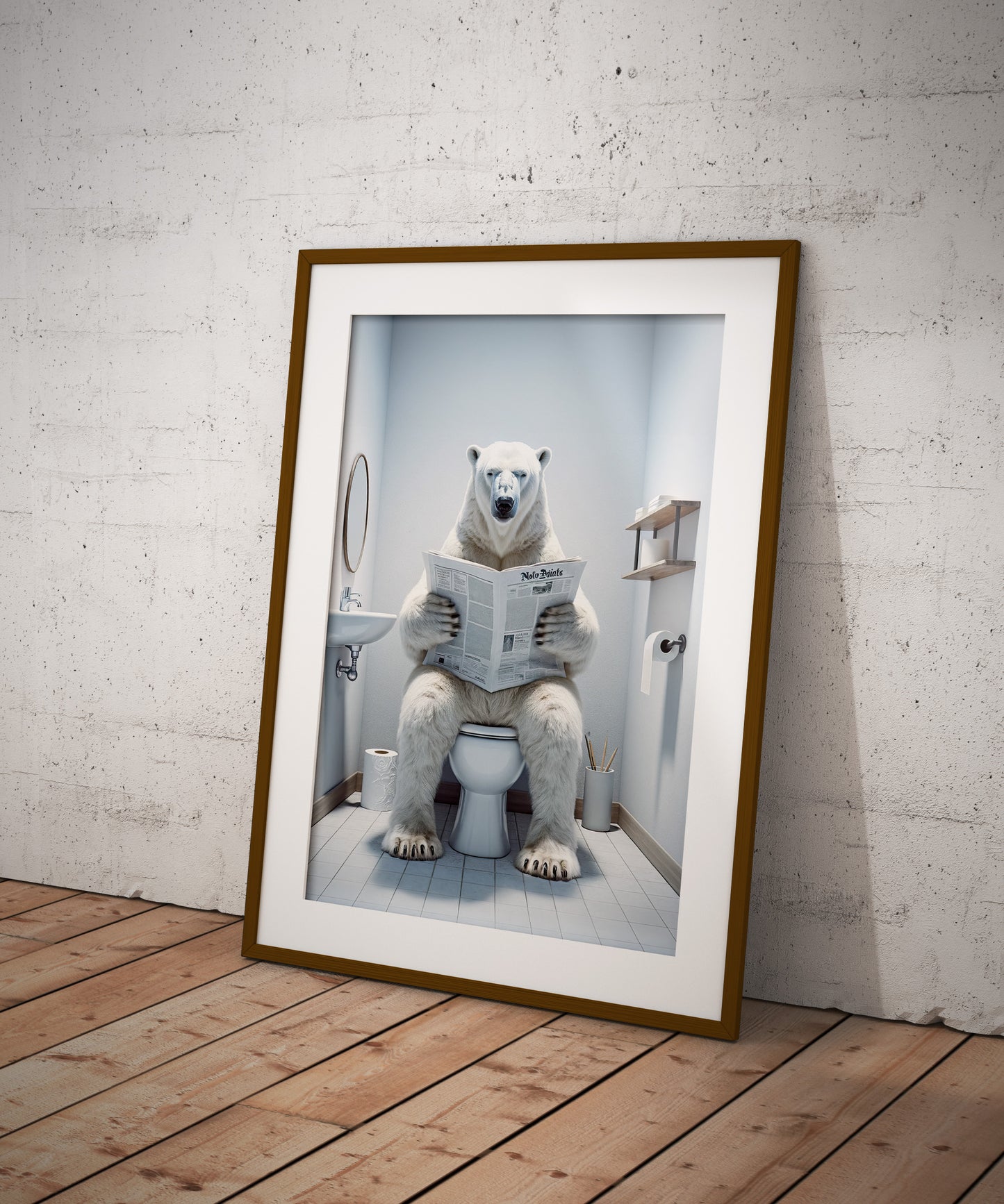 Poster d'un Ours polaire lisant le journal, Décoration Humour WC, Cadre déco Salle de bain, Cadeau Fun, Affiche Toilette