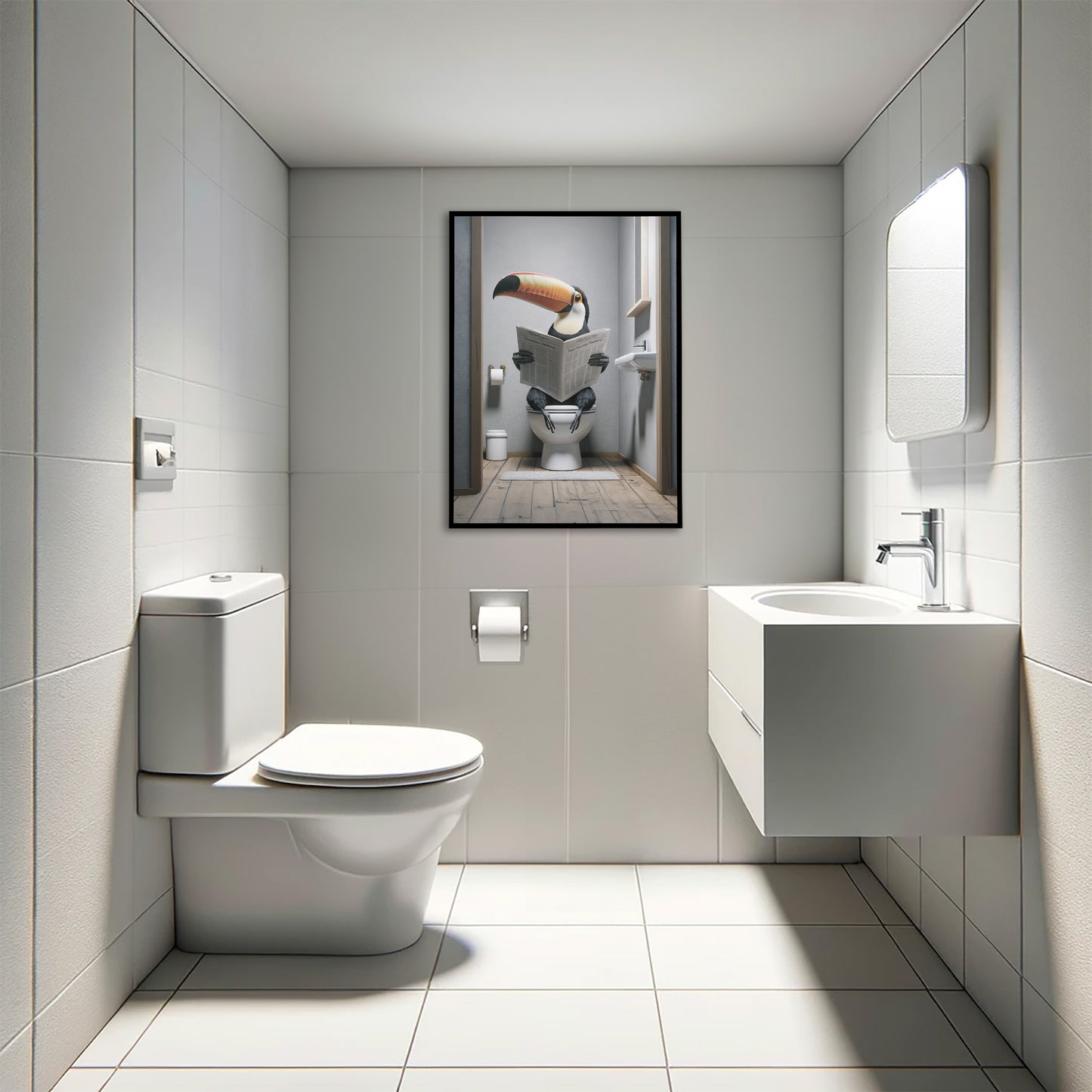 Poster Humour Toucan lisant aux Toilettes - Décoration Salle de Bain Amusante - Idée Cadeau Fun