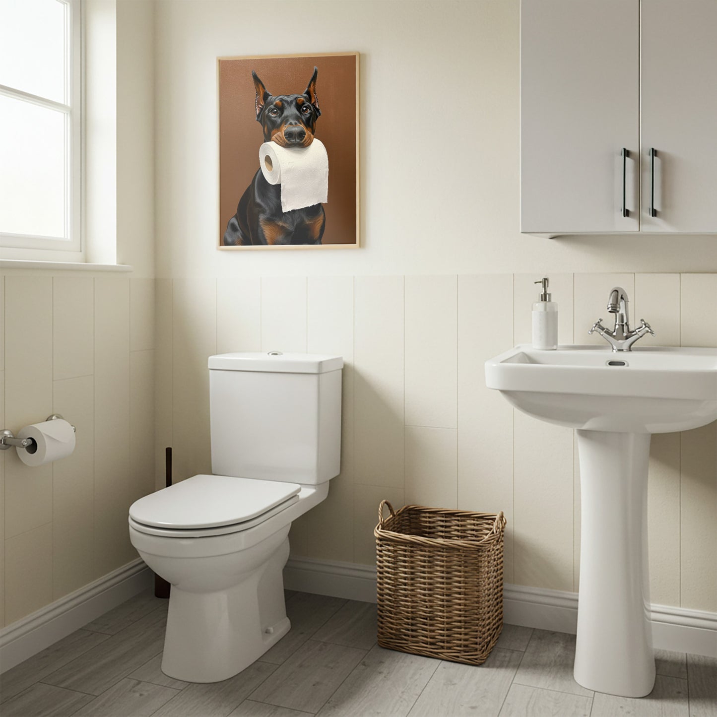 Dobermann Pinscher mordant un rouleau de papier toilette, Humour Toilettes, Poster WC, Cadeau Dobermann, Affiche encadrée, Poster chien