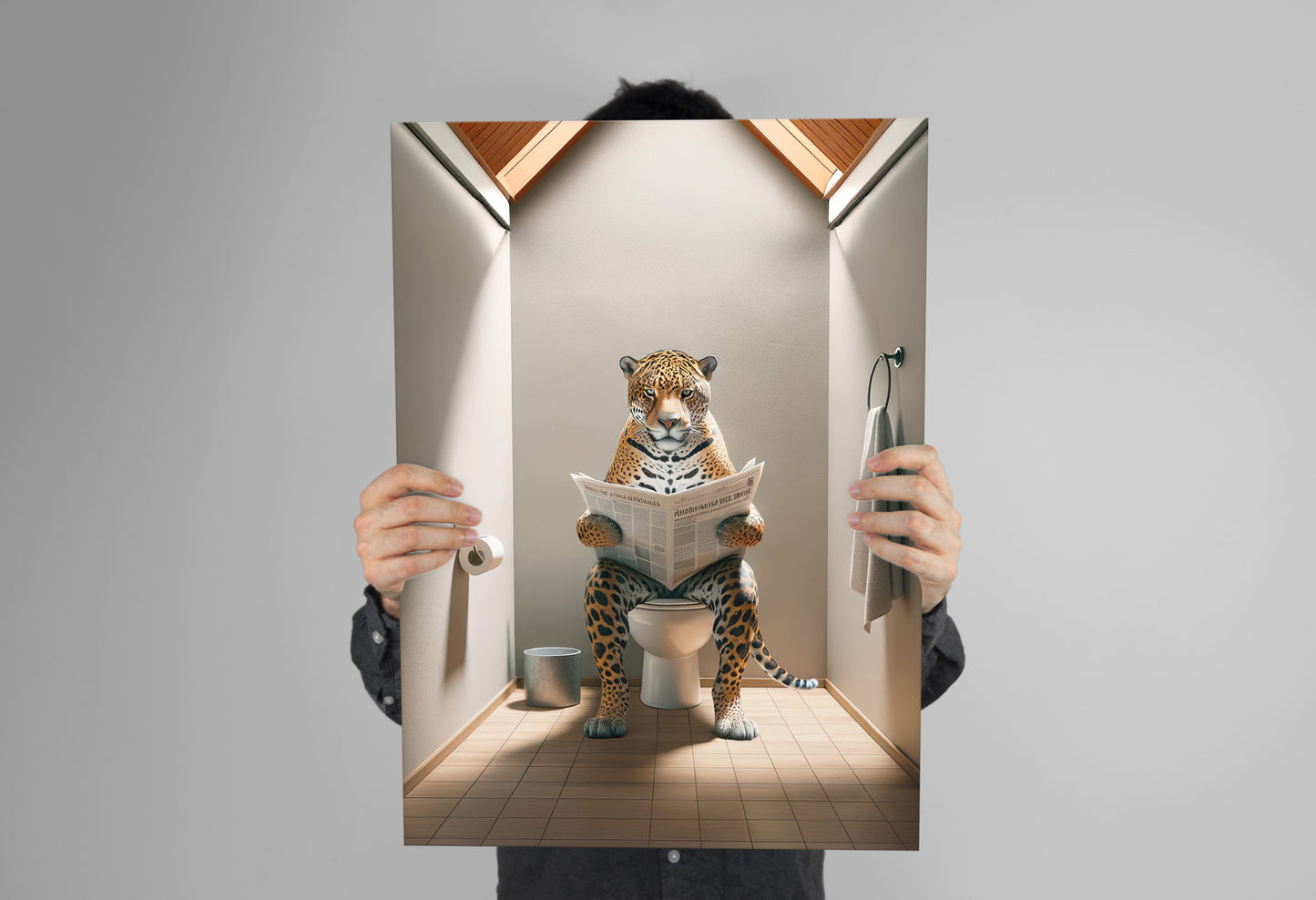 Poster Jaguar lisant le journal, Humour Salle de Bain, Décoration WC, Cadre Amusant, Art Toilettes, Idée Cadeau Originale