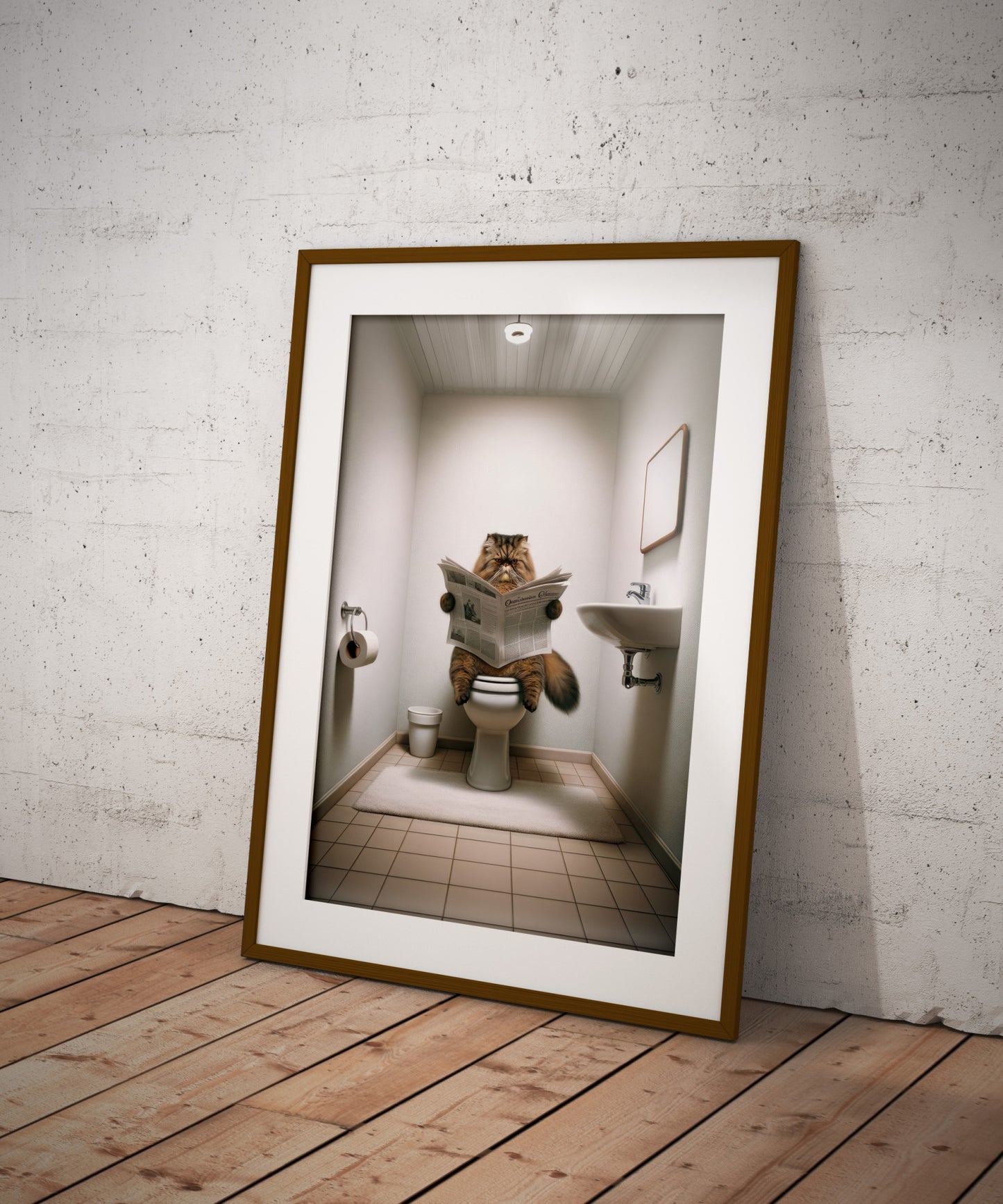 Affiche Humoristique Chat Persan Tigré Marron lisant, Poster Déco Toilettes & Salle de Bain, Cadeau Original Chat Fun