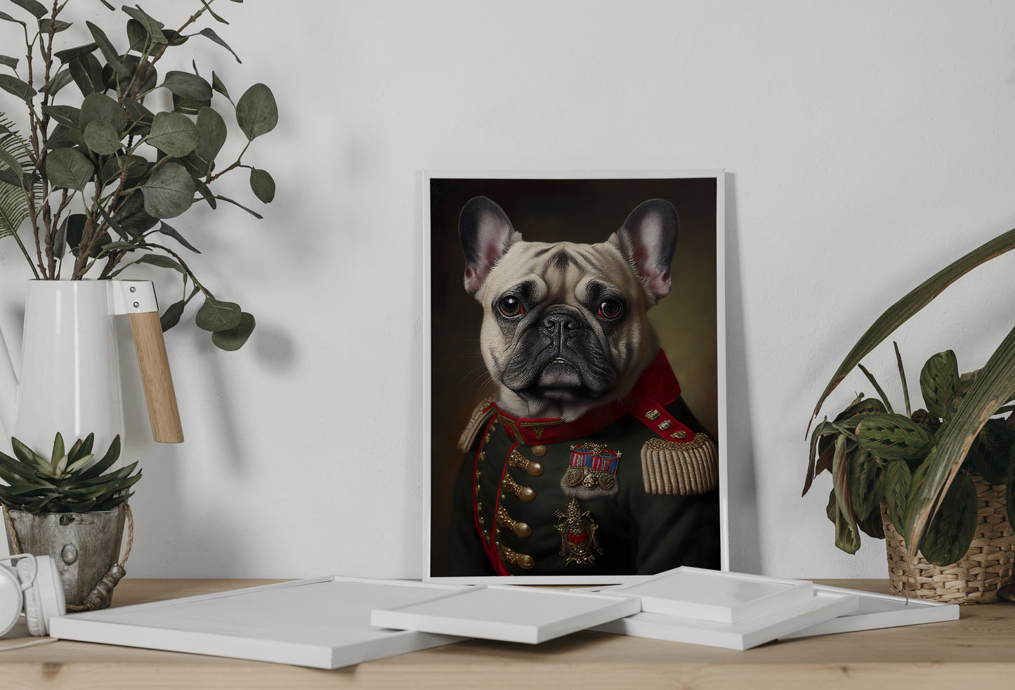 French Bulldog in Military Uniform Poster, Animal Wall Art, Dog Decor, Framed Wall Poster