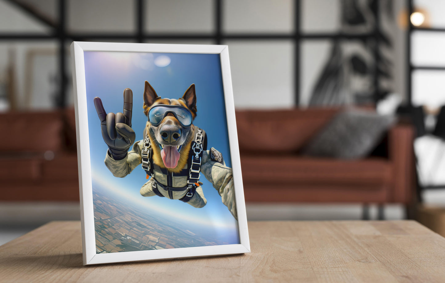 "Epic Skydiving Belgian Malinois Poster - Unique Animal Wall Art for Dog Lovers & Extreme Sports Decor"