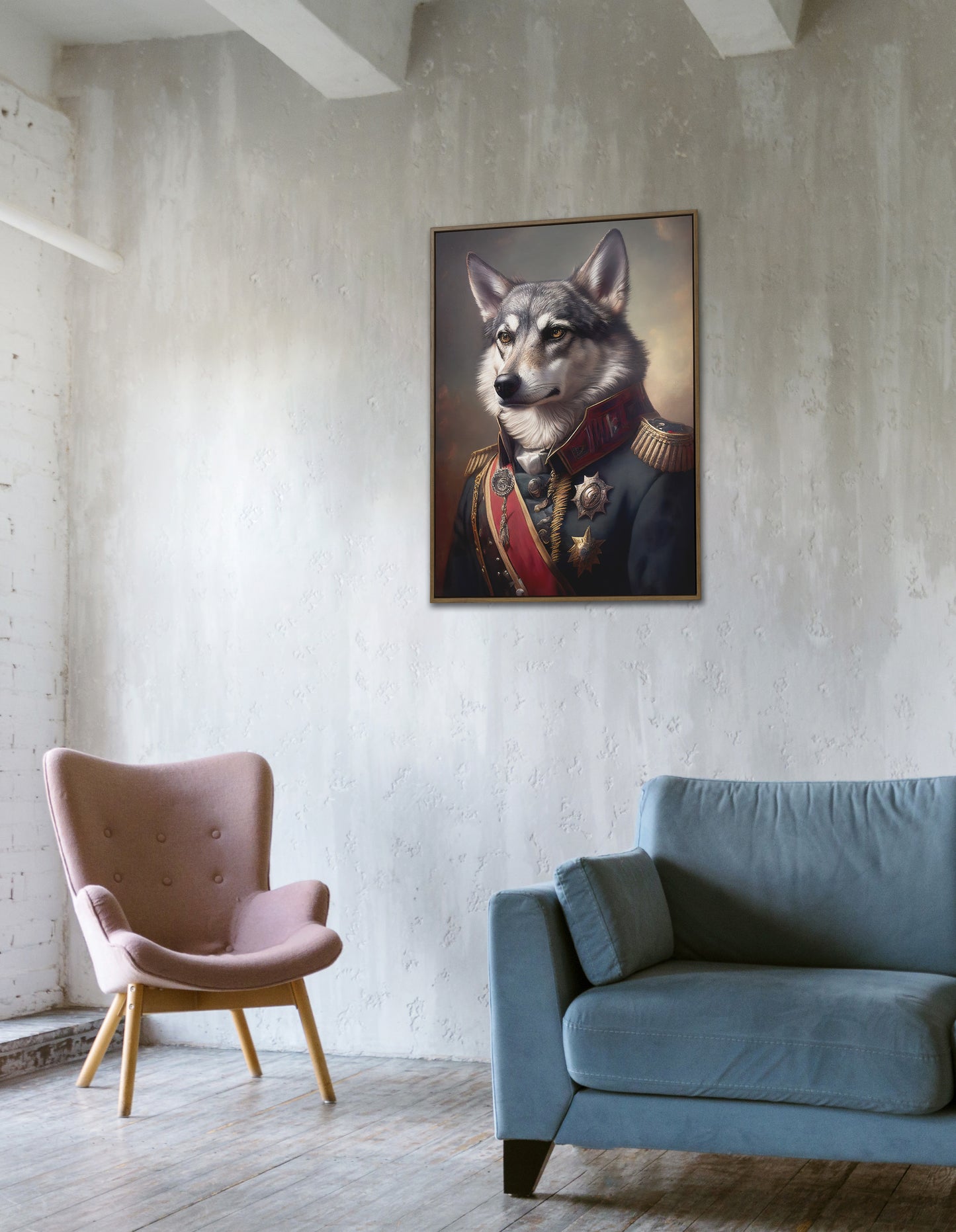 Gray Wolf in Military Uniform Poster – Unique Animal Wall Art, Premium Wolf Wall Decoration