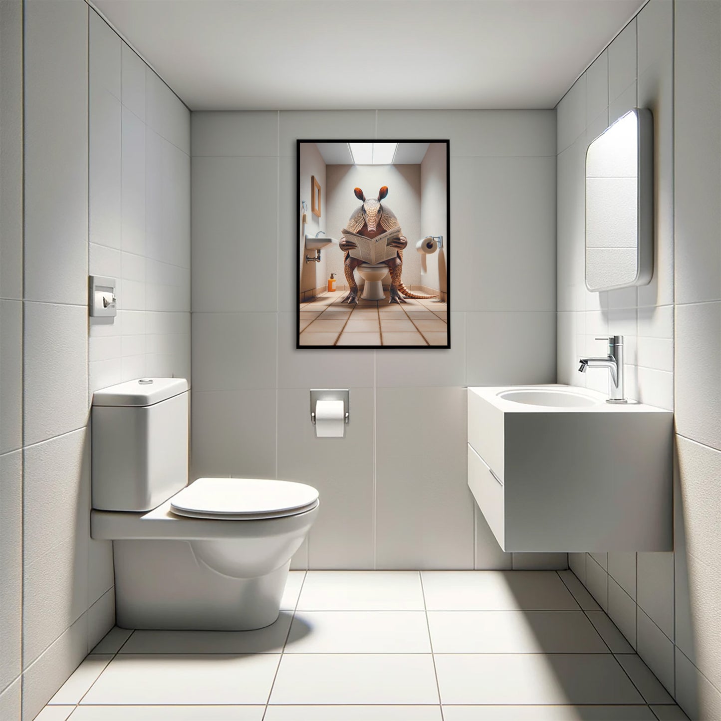 Armadillo Reading Newspaper Poster - Funny Bathroom Wall Art Decor - Unique WC Toilet Gag Gift
