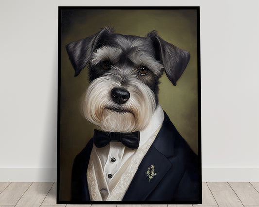 Chic Schnauzer in Tuxedo Poster - Humorous Wall Art Print for Dog Lovers, Elegant Home Decor