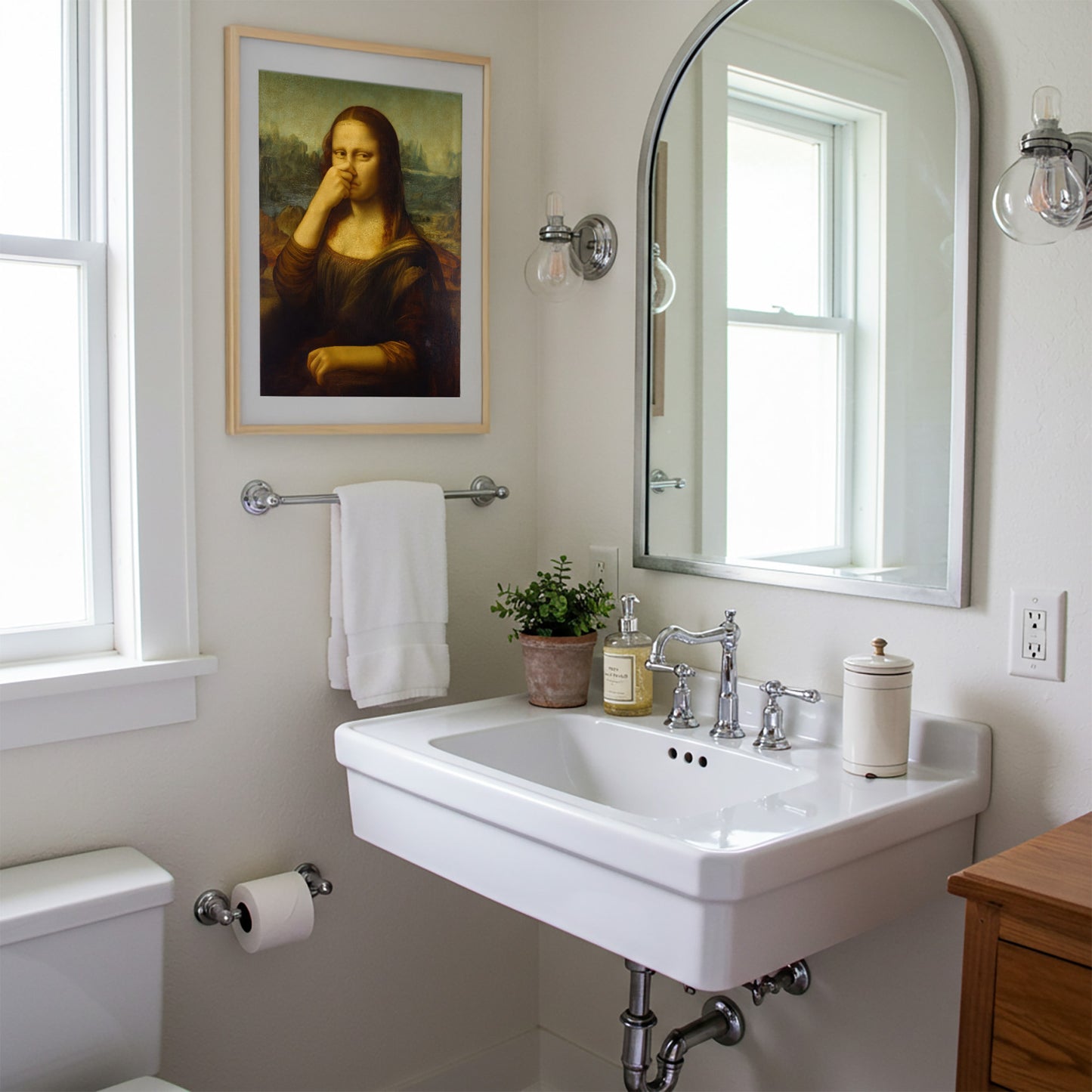 Funny Mona Lisa Bathroom Poster – Quirky Da Vinci Parody Wall Art for Restroom Decor, Toilet Humor, Framed Artwork, Unique Gift