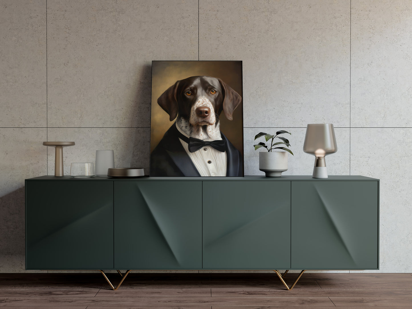Chic Dog Poster - Short-haired Pointer in Tuxedo Portrait | Humorous Wall Art Print