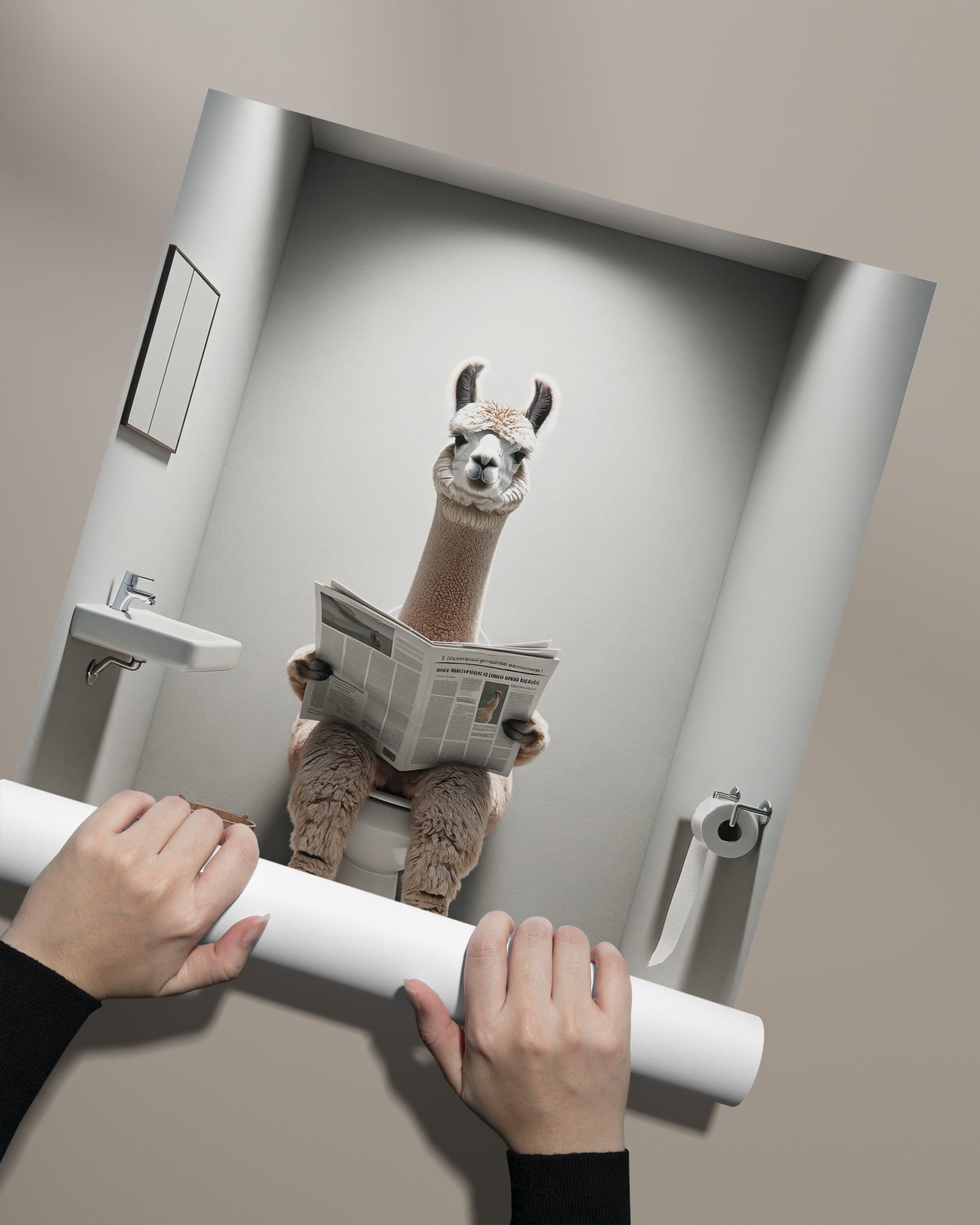 Funny Alpaca on Toilet Reading Newspaper Poster - Unique Bathroom Wall Art Decor - Humorous WC Gift