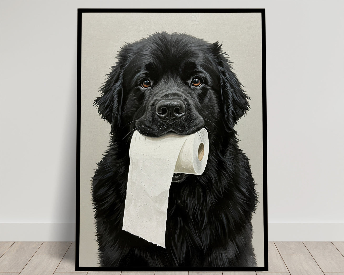 Newfoundland with toilet paper roll in mouth, Toilet Humor, Black Newfie Gifts, Bathroom Print, Dog Lover Gift, WC Wall Art, Framed Print