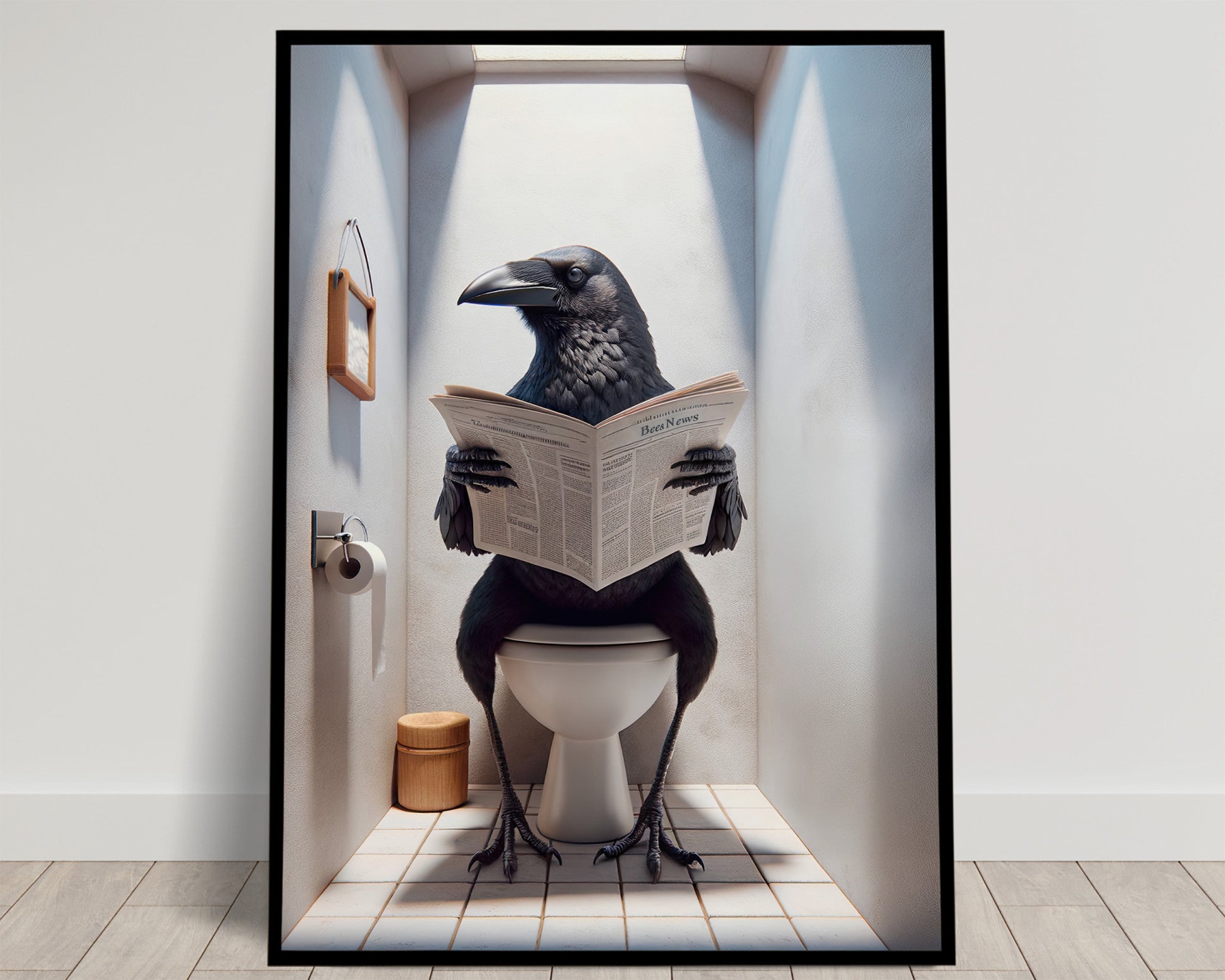 Poster Humour Corneille lisant le journal sur toilettes, Décoration Salle de Bain, Cadeau Amusant, Art Mural WC