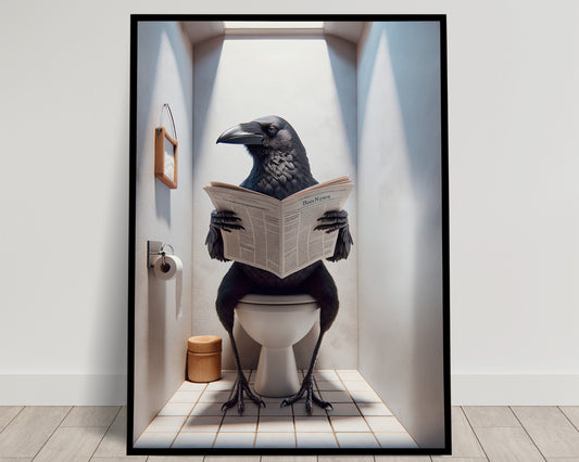 Poster Humour Corneille lisant le journal sur toilettes, Décoration Salle de Bain, Cadeau Amusant, Art Mural WC